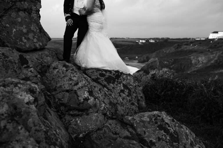 Black and white photo of happy couple on Love Rock