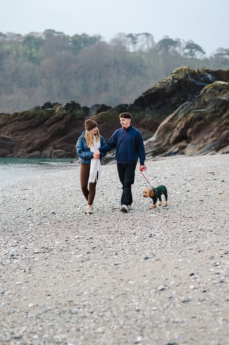 Walking along Trebah gardens beach after getting engaged