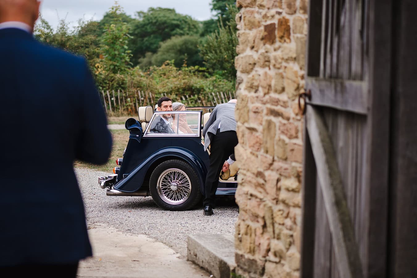 Bride and groom arrive in style at Nancarrow, Cornwall